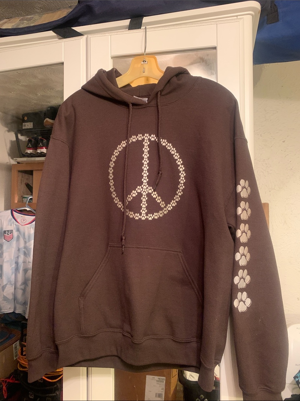 Gildan women’s Brown Hoodie with White Paw-Print Peace Design
